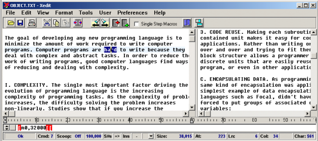 Xedit Text Editor - Split screen example